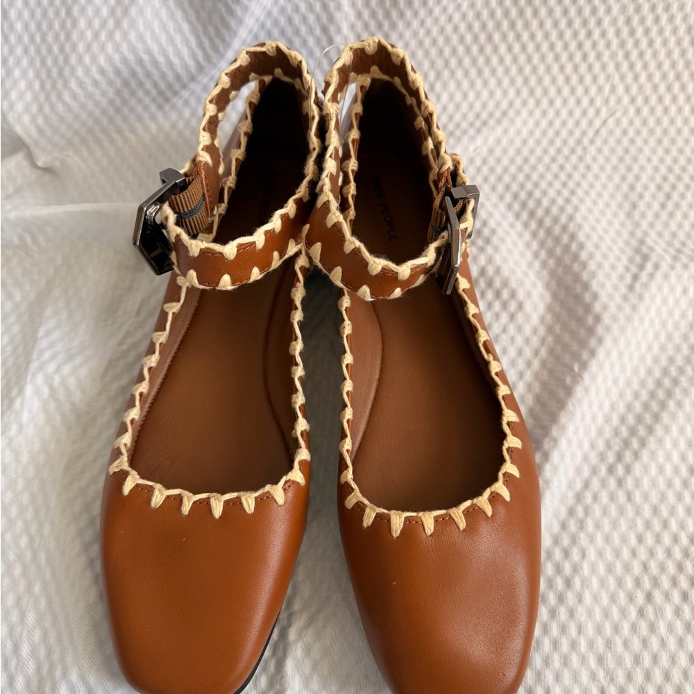 Free People NEW Crochet Mystic Mary Jane Ballet Flats Brown 100%Leather 7.5 - Picture 6 of 10